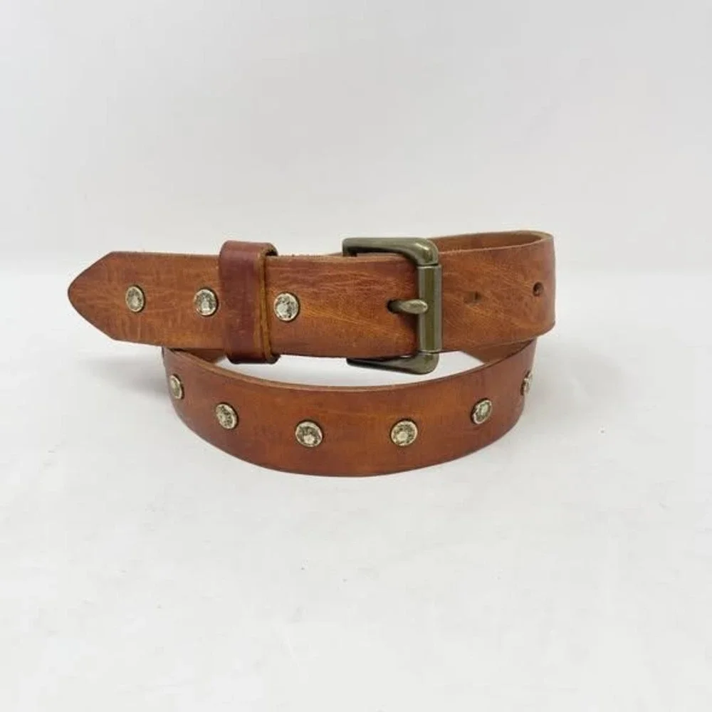 Brave Leather Belt Womens 30 Brown Leather Studded Nail Heads Brass Buckle